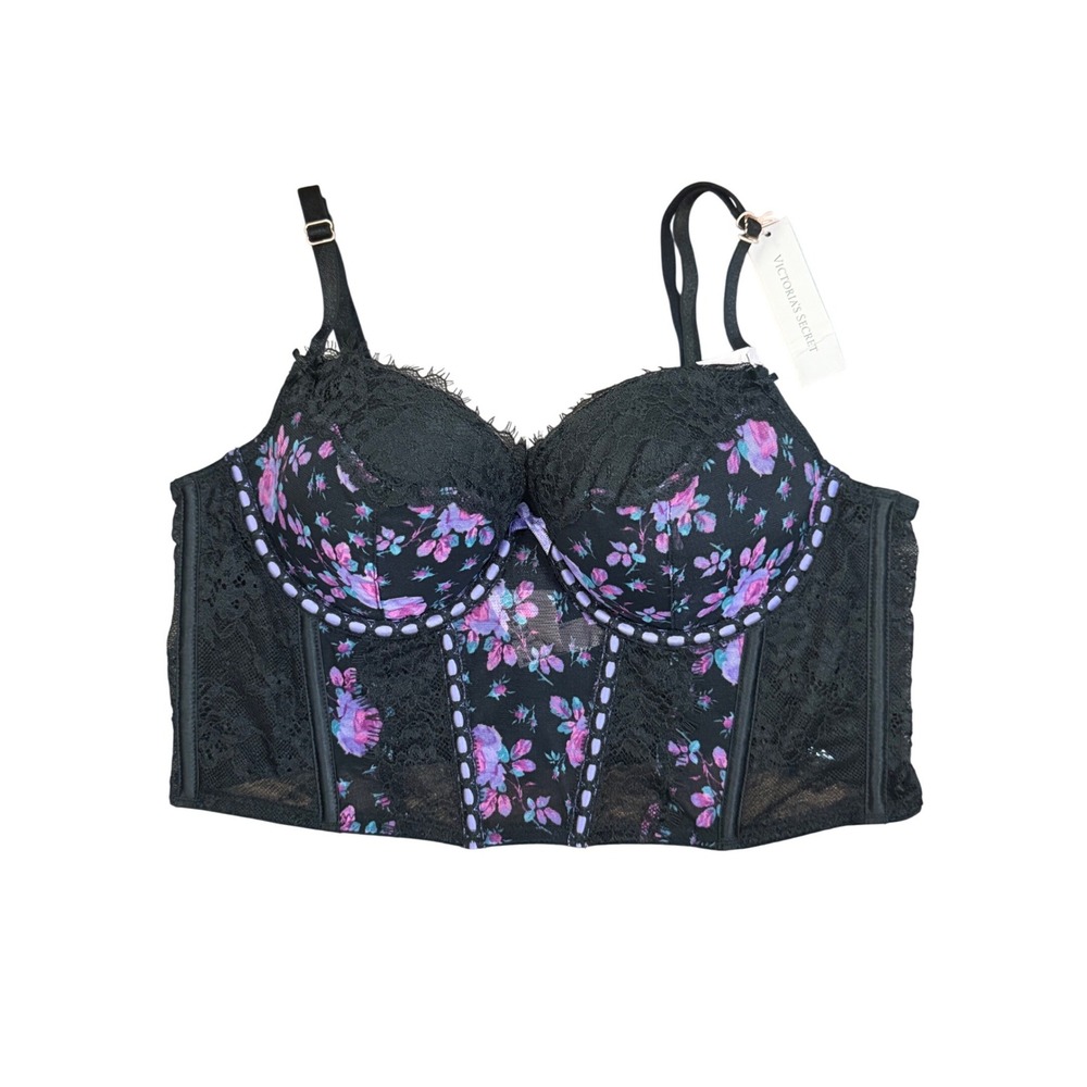 Victorias Secret Floral Lace Bustier Top Black Purple Lightly Lined Medium NWT